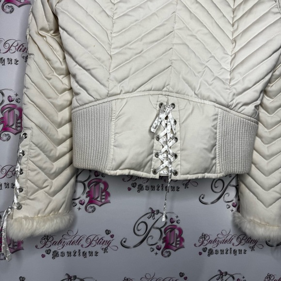 Bebe corset coat jacket snow bunny fur rabbit White Quilted Jacket Fur Trim hood - Picture 3 of 16